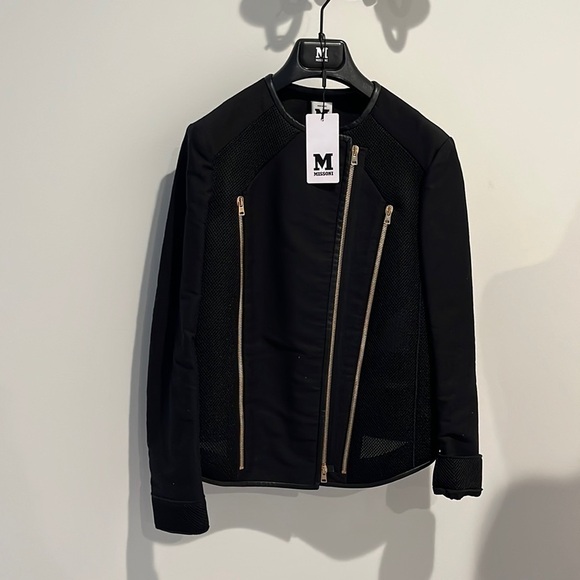 NWT Missoni Black Zip Up Moto Jacket Asymmetrical Gold Mesh size EU 38